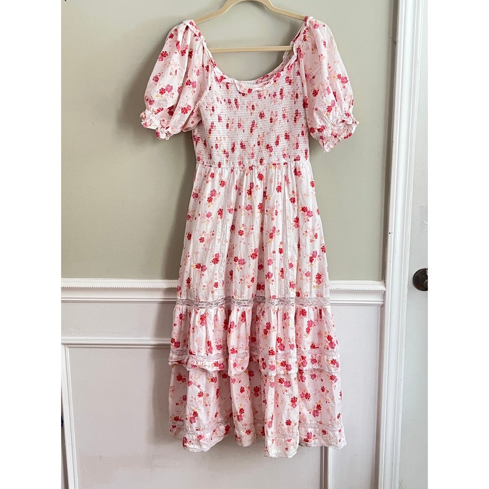 LoveShackFancy Dress Small Smocked Midi Puff Sleeve Pink Cottage Shabby Chic - Picture 2 of 14
